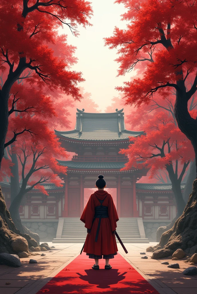 Imagine handsome Samurai boy at red tree temple