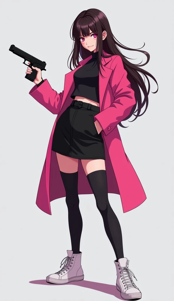 The young woman pink eyes long dark brown hair wear a long pink coat, black shirt, black pencil skirt, black underpants, long black tights, black socks, white sneakers high top, holding a one handgun, light grey background, cartoon novel, 4K, HD