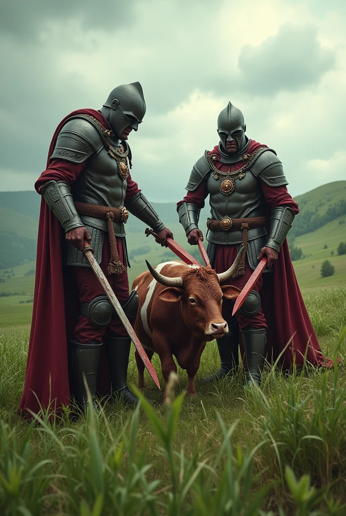 Two heralds are slaughtering a cow in the field