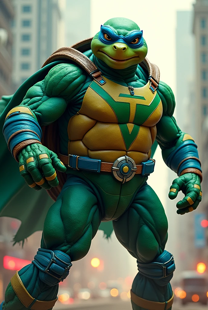 TURTLE dressed as a superhero in green and blue colors