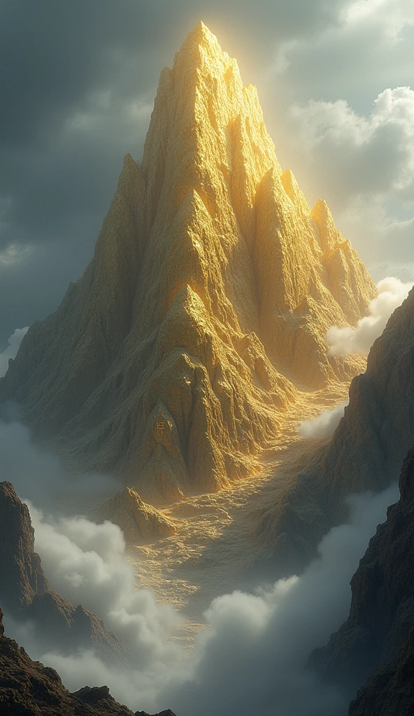 The Holy Mountain "Draw a colossal mountain made of precious metals like gold and silver, with a background of stormy and cloudy sky. The mountain should have an aura of mystical glow and be surrounded by an ethereal mist.. Add details of ancient stones and runes engraved on the mountain surface, creating an atmosphere of grandeur and suspense."