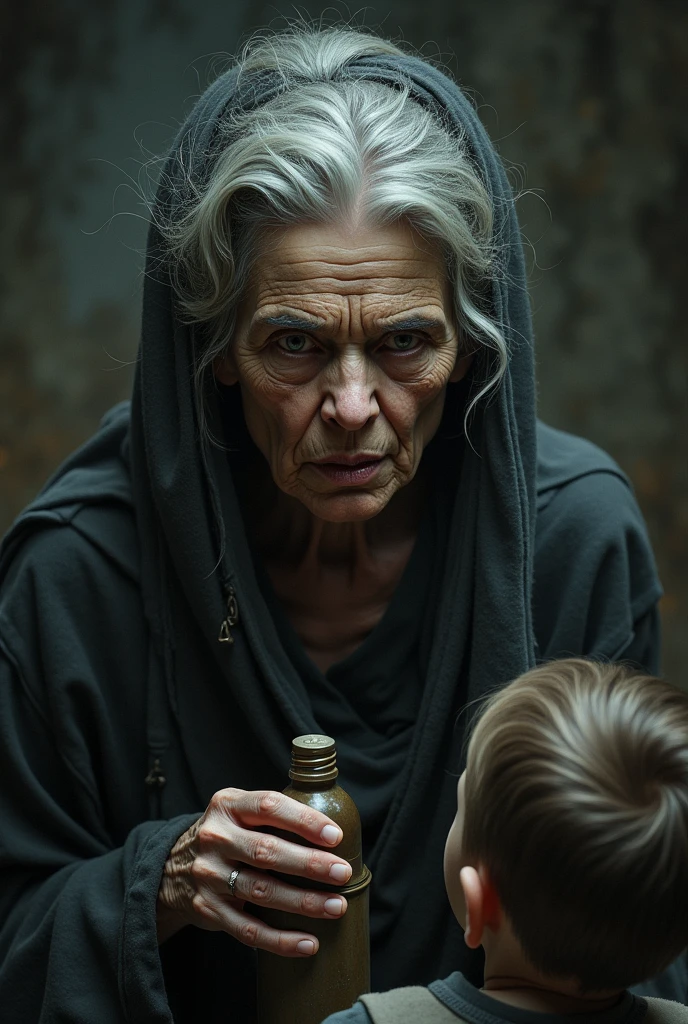 Create a card of an old woman with a metal bottle in her hand with a thin and marked eyebrow with a child desperate to attract Evil old woman