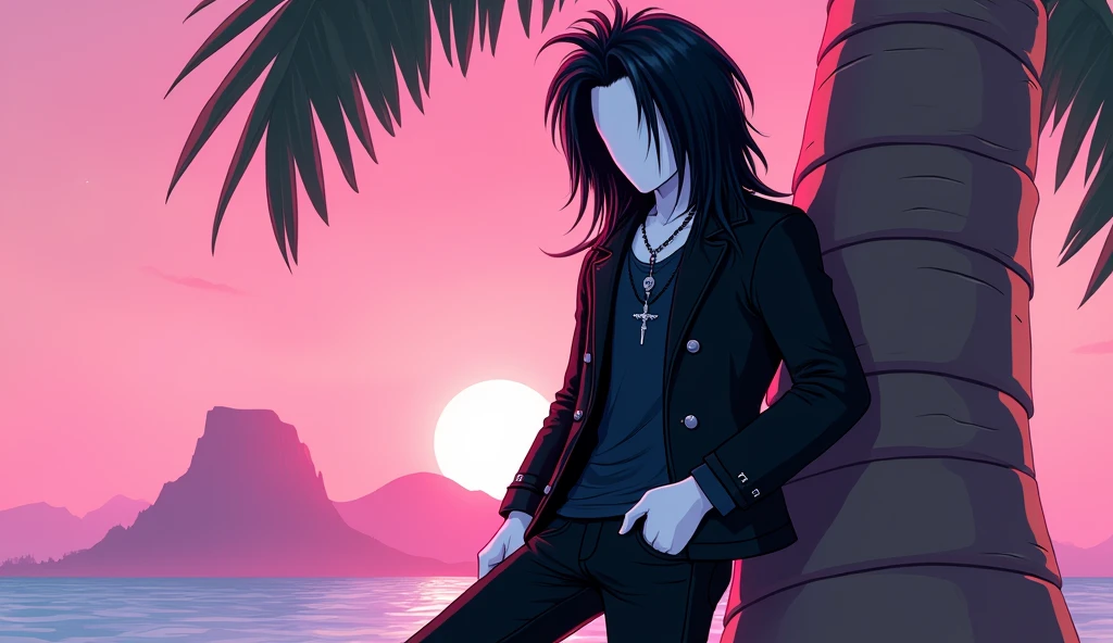 Handsome tall square Roblox male doll, with long black rocker hair, emo clothes and no lips, white skin, no mouth, and beautiful body, leaning on a palm tree, cartoon, Vice City GTA, stone mountain background on the beach with pink sky