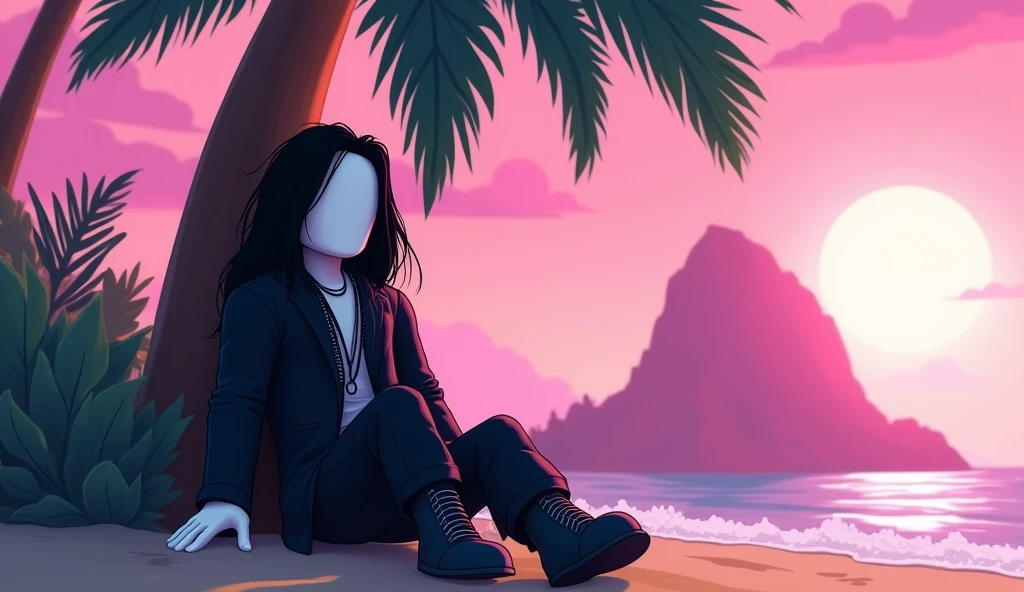 Handsome tall square Roblox male doll, with long black rocker hair, emo clothes and no lips, white skin, no mouth, and beautiful body, leaning on a palm tree, cartoon, Vice City GTA, stone mountain background on the beach with pink sky
