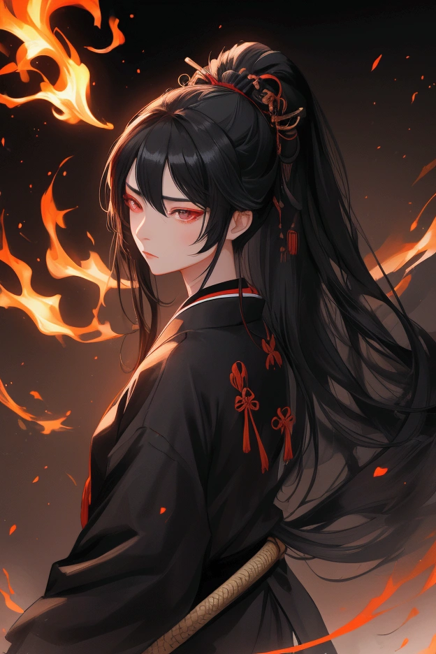 female samurai with long black hair with her body facing forward with a blindfold on her eyes and a black flame in her hand