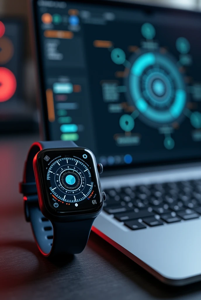 A SMART WATCH THAT SHOWS THAT THE WATCH IS SCANNING THE LAPTOP FROM TOP TO BOTTOM TO FIND FAULTS OR DAMAGE