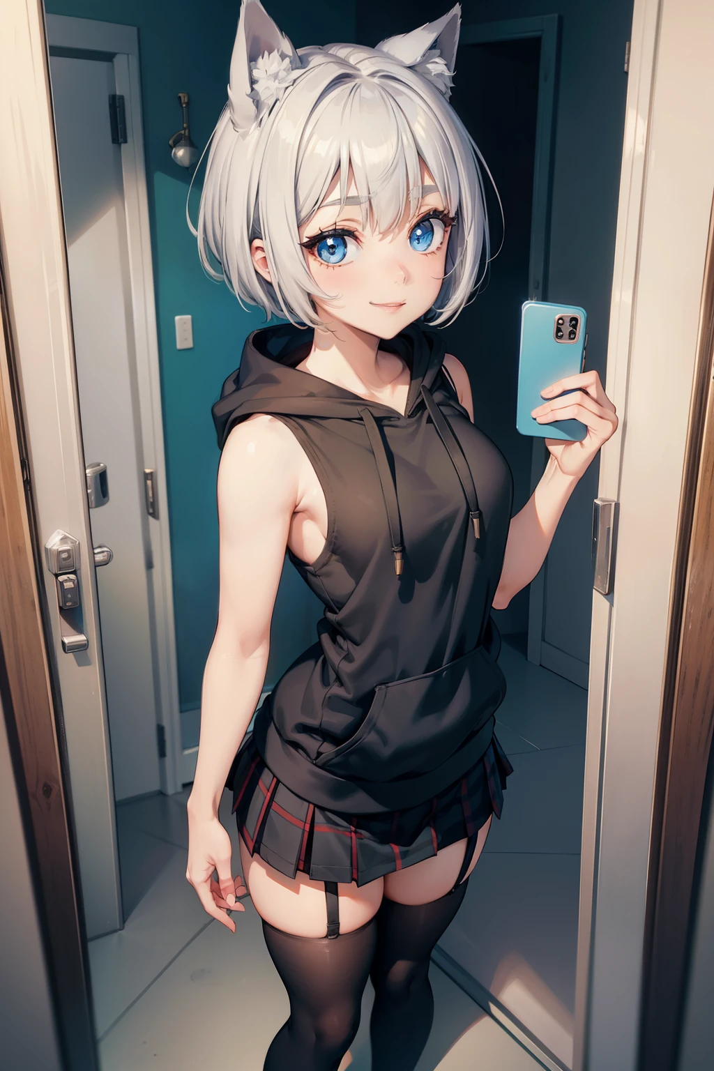 (masterpiece), (best quality), (High quality), high resolution, BREAK expressive eyes, perfect face, 1girl, grey cat ears: 1.5, medium hair, grey hair, pixie cut, BREAK, (big eyes, perfect eyes, blue eyes, thick eyelashes, thin eyebrow, BREAK short height, slim bulid, happy smile, medium breasts, BREAK long black hoodie: 1.4, loose fit, sleeveless, black and red checkeret mini skirt: 1.4, black stockings, BREAK standing, cowboy shot, full body, view from above, (changing room), mirror selfie with phone, looking at the phone