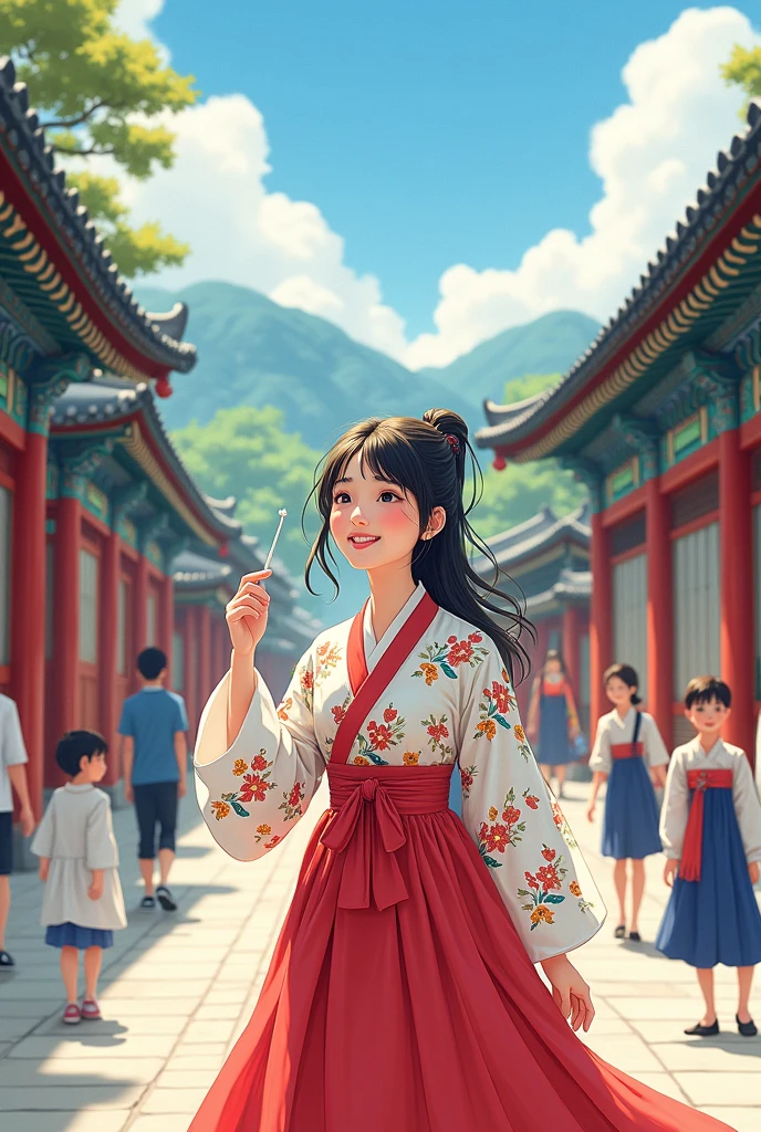 Create illustration image in this image tourist girl, hanbok dress, girl enjoy exploring south korea, famous south korean place