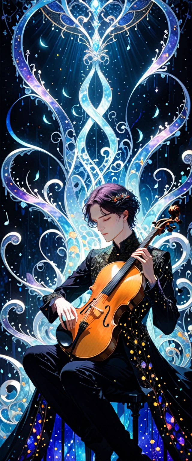 in style of Harry Clarke,in style of Jaehyo Lee, atby gustavdore,Ethereal musicians,spectral in form,perform in an otherworldly concert,3d render with ethereal particles floating,resembling musical notes and instruments,Symphonies shaped like ice,daily theme transformed into an image filled with ineffable sonder,ethereal,meticulously crafted,well-lit with contrasting sharp details,powerful and thought-provoking visuals,saturated colors,beguiling dreamlike render,stunning, 8k