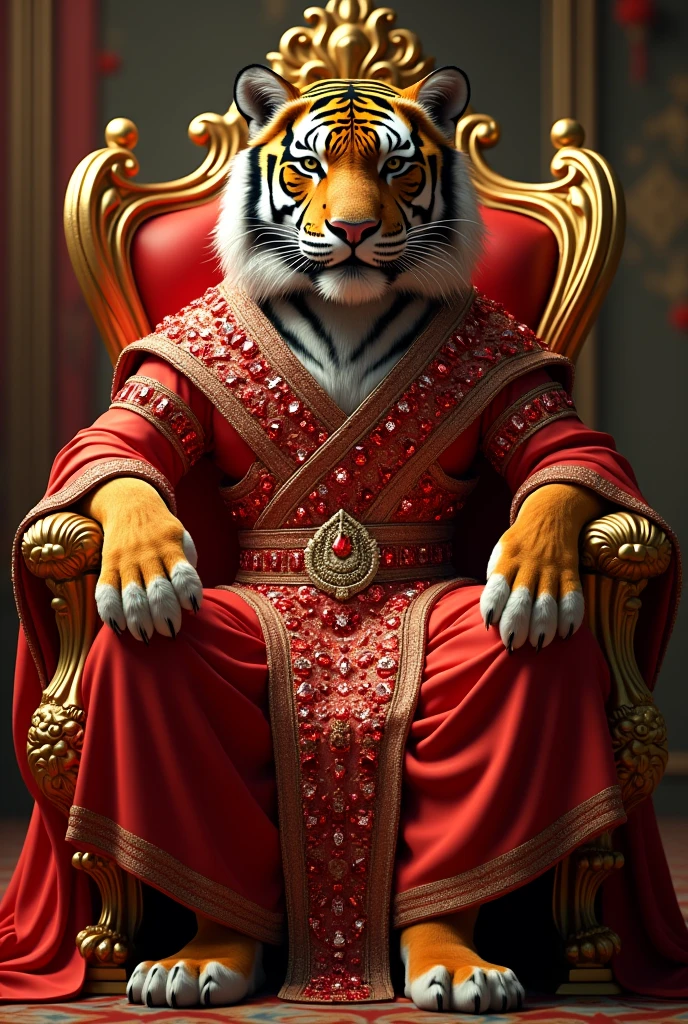 One tiger in red diamond costum. tiger sitting on golden chair