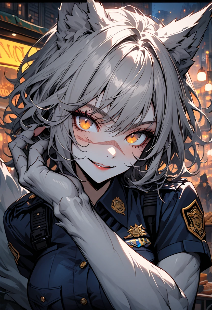 solo, female, wolf girl, close up, grey fur on forearms, furry claws, muscular, wolf ears, short hair, messy hair, grey hair, golden eyes, wolf tail, police uniform, police, large breasts, white fur collar, relaxed, smiling, after work, food stand, city, night, fantasy, viewer's hand petting her hair, nose scar