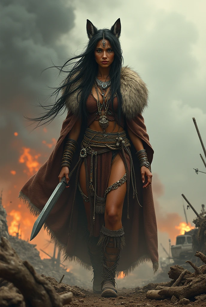 Indian woman in wolf head coat in a war scene with knife in hand