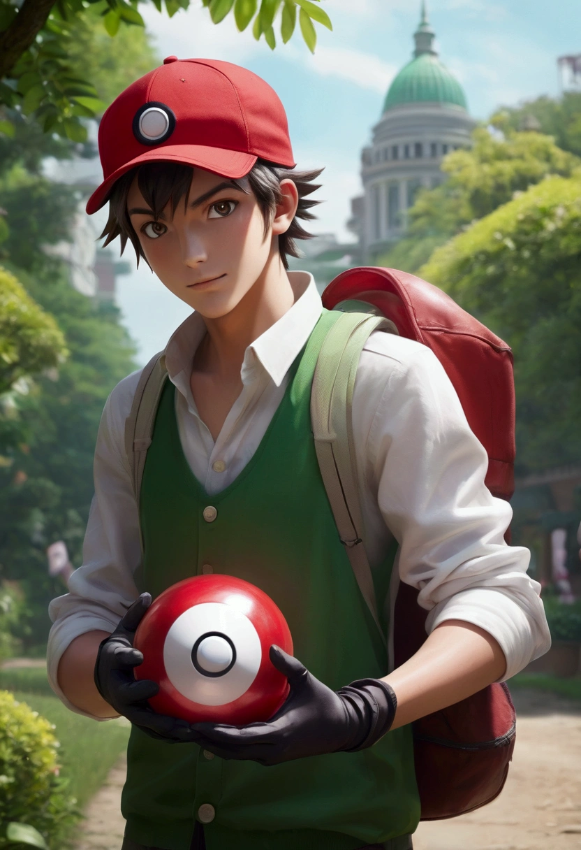 an art of a pokemon trainer with a red cap, with a long white sleeveless shirt with red stripes, with gloves on his hands, holding a green and white pokeball.