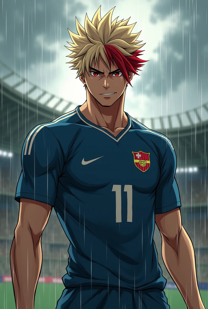 Create a highly detailed image of Ren Hayato, a fierce and impulsive 1 soccer player. He has a muscular and agile build, standing at 1.85 meters tall, with platinum blonde hair that is messy and spiked, featuring a distinct red streak in the front. His eyes are a striking, intense red, with a wild, predatory gaze. Ren's expression exudes confidence and ferocity, capturing his untamed nature. He wears a soccer uniform that highlights his powerful physique, with a jersey that has the number 11. The background is a chaotic, stormy soccer field, with heavy rain and wind, reflecting his aggressive and unpredictable playing style. The overall atmosphere should convey raw energy and intensity, emphasizing Ren's role as a dominant force on the field. his hair is the same as Shidou Ryusei's in cut 

Image size: 1024x1792 (full-body portrait)