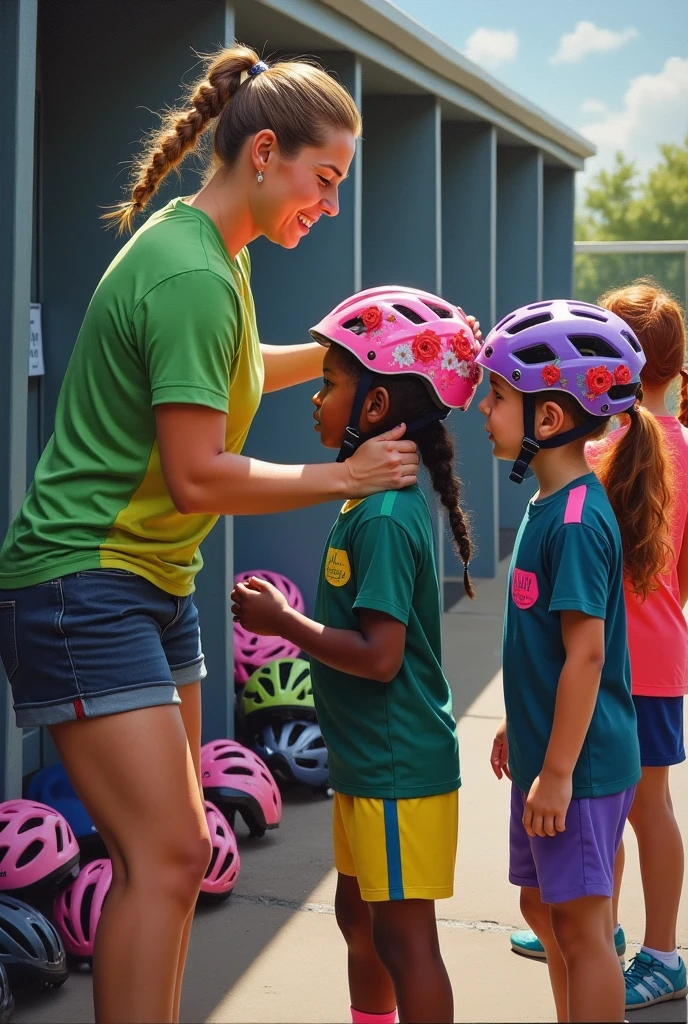 Sent by you:
A modern realistic oil painting of a woman soccer coach with a pile of bike helmets next to her in a changing shed. Children  without bike helmets, wearing pink and green soccer uniforms, are lining up to have their bike helmets put on their heads so they can play soccer. A girl aged three years old dark skin is wearing a pink flowery bike helmet, ready to play soccer, standing at the front of the line. The rest of the children are lined up behind her not wearing bike helmets but waiting to have their bike helmets put on their heads. The woman is putting a purple bike helmet on a girl with red hair who is standing right behind the girl at the front of the line. The woman with the pile of bike helmets is near the front of the line holding a purple bike helmet in her hands over the head of a girl with red hair who is next in line to have her bike helmet put on her head so she can go and play soccer, with the bike helmets looking like real bike helmets. Include only seven children in the scene and a small pile oelmets from the kids' homes, with each helmet having the name tag of the corresponding child. And a mother who has already prepared her daughter for soccer a girl with blonde hair wearing a purple bike helmet with red roses on it and wearing a pair of green shorts and a pink and green striped soccer jersey