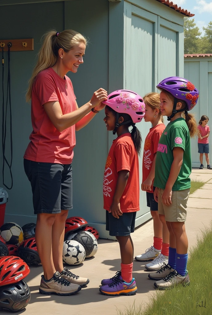 Sent by you:
A modern realistic oil painting of a woman soccer coach with a pile of bike helmets next to her in a changing shed. Children without bike helmets, wearing pink and green soccer uniforms, are lining up to have their bike helmets put on their heads so they can play soccer. A girl aged three years old dark skin is wearing a pink flowery bike helmet, ready to play soccer, standing at the front of the line. The rest of the children are lined up behind her not wearing bike helmets but waiting to have their bike helmets put on their heads. The woman is putting a purple bike helmet on a girl with red hair who is standing right behind the girl at the front of the line. The woman with the pile of bike helmets is near the front of the line holding a purple bike helmet in her hands over the head of a girl with red hair who is next in line to have her bike helmet put on her head so she can go and play soccer, with the bike helmets looking like real bike helmets. Include only seven children in the scene and a small pile oelmets from the kids' homes, with each helmet having the name tag of the corresponding child. And a mother who has already prepared her daughter for soccer a girl with blonde hair wearing a purple bike helmet with red roses on it and wearing a pair of green shorts and a pink and green striped soccer jersey