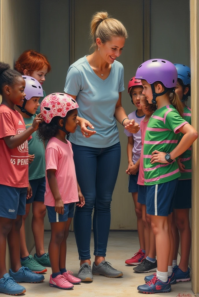 Sent by you:
A modern realistic oil painting of a woman soccer coach with a pile of bike helmets next to her in a changing shed. Children aged three years old without bike helmets, wearing pink and green soccer uniforms, are lining up to have their bike helmets put on their heads so they can play soccer. A girl aged three years old with black hair and dark skin is wearing a pink flowery bike helmet, ready to play soccer, standing at the front of the line. The rest of the children are lined up behind her not wearing bike helmets but waiting to have their bike helmets put on their heads. The woman is putting a purple bike helmet on a girl with red hair who is standing right behind the girl at the front of the line. The woman with the pile of bike helmets is near the front of the line holding a purple bike helmet in her hands over the head of a girl with red hair who is next in line to have her bike helmet put on her head so she can go and play soccer, with the bike helmets looking like real bike helmets. Include only seven children in the scene and a small pile of bike helmets from the kids' homes, with each helmet having the name tag of the corresponding child. And a mother who has already prepared her daughter for soccer a girl with blonde hair wearing a purple bike helmet with red roses on it and wearing a pair of green shorts and a pink and green striped soccer jersey