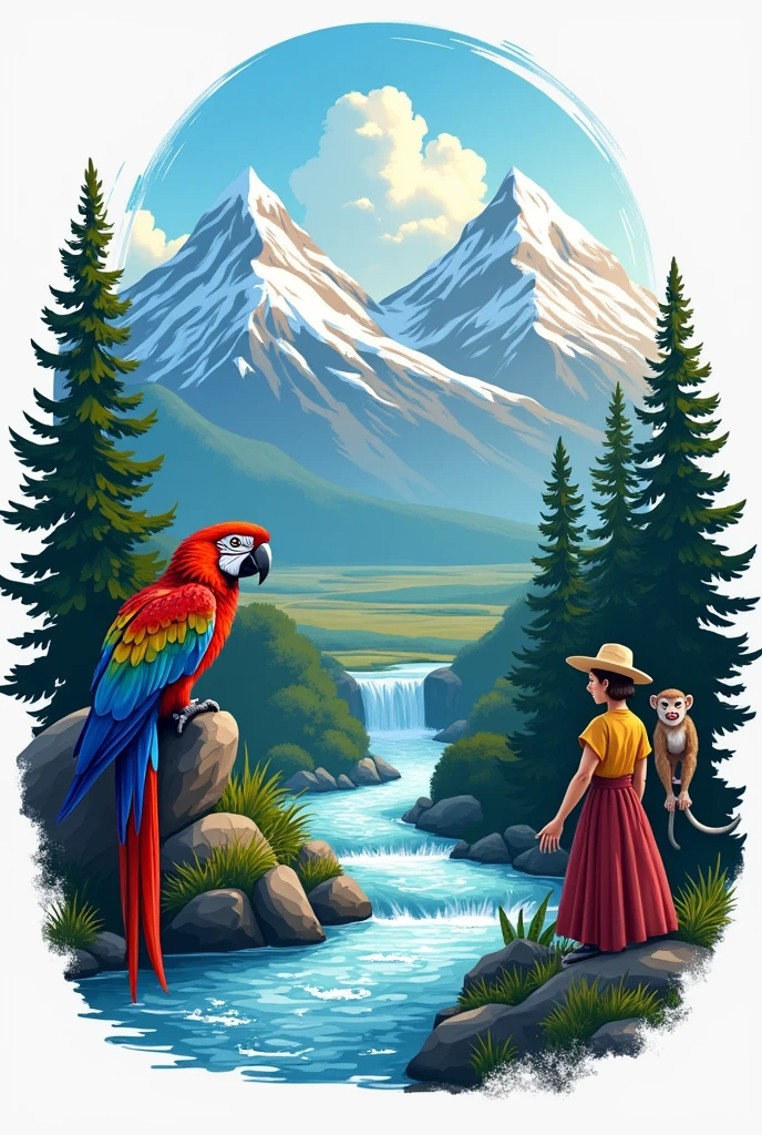 Create logo with the following characteristics: Main image of the two snow-capped peaks of the Sierra, Water that flows into the sea, Macaw, monkey and peasant man and woman