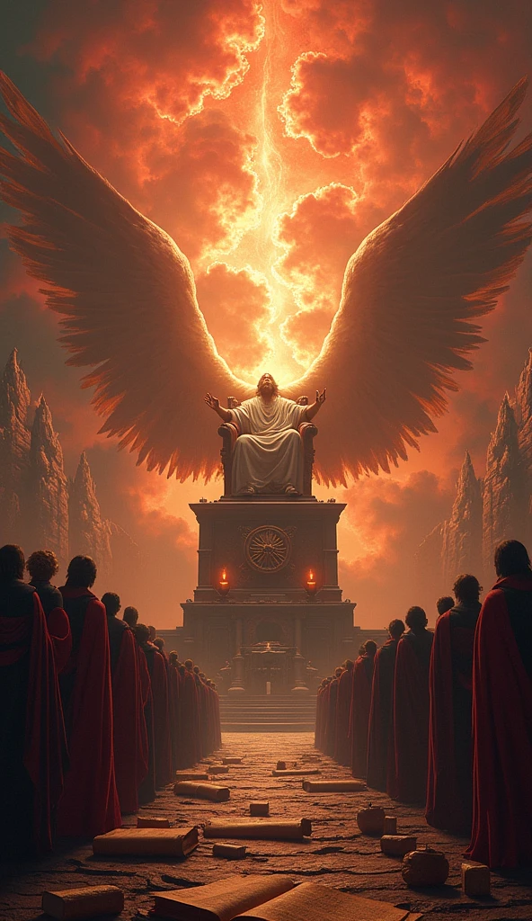 the final judgement "Create a dramatic doomsday scene with an imposing heavenly courtroom. Show a powerful looking divine figure on the throne, surrounded by angels and sacred symbols. The scene should have a sky in shades of red and orange, with dark clouds and flames in the background. Include details of ancient books and scrolls to add a touch of depth and solemnity.."