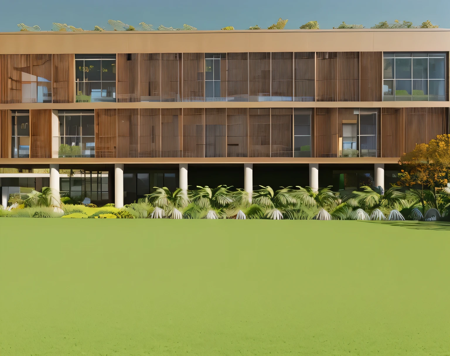 rendering of a large building with a lawn and trees in front, intermediate vision, detailed renderinging, architectural rendering, digital rendering, highly photographic rendering, detailed rendering, high detail rendering, highly detailed rendering, luminous rendering, professional rendering, fully detailed rendering, luminous renderinging, pre-rendered, front elevation view, architectural rendering, 3D Renderings, wide establishing shot