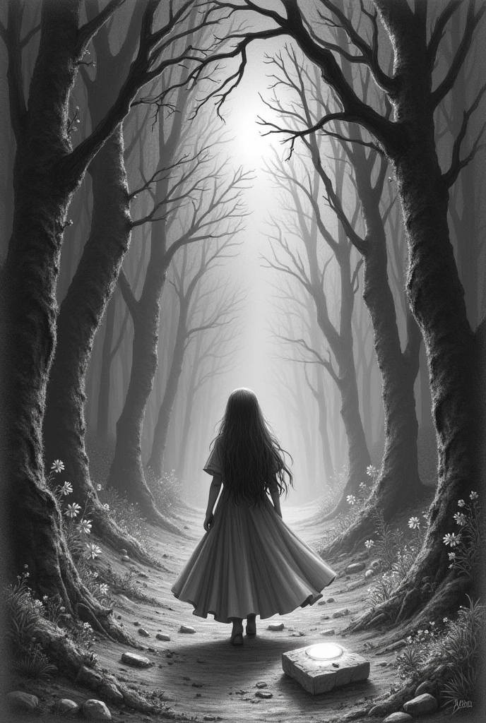 drawn in pencil Once upon a time there was a dark kingdom where the light did not reach and Princess Anna in search of the salvation of her kingdom finds a shiny stone in a magical forest. A voice tells him that he must gather four more to save his kingdom..
