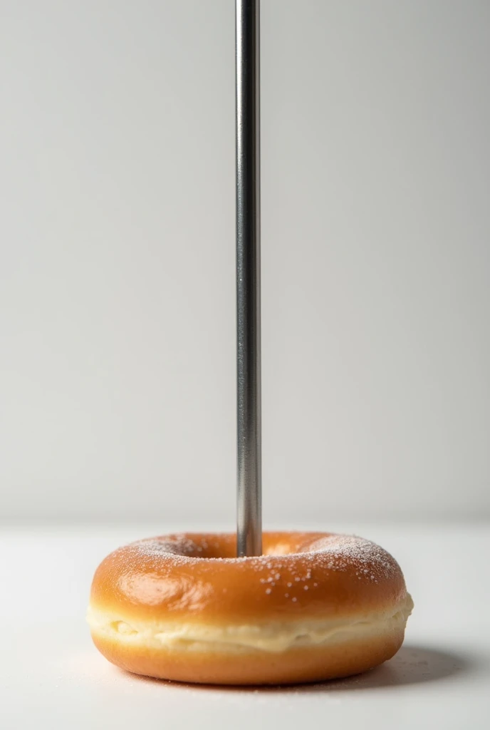A metal rod passing through the hole in the center of a donut