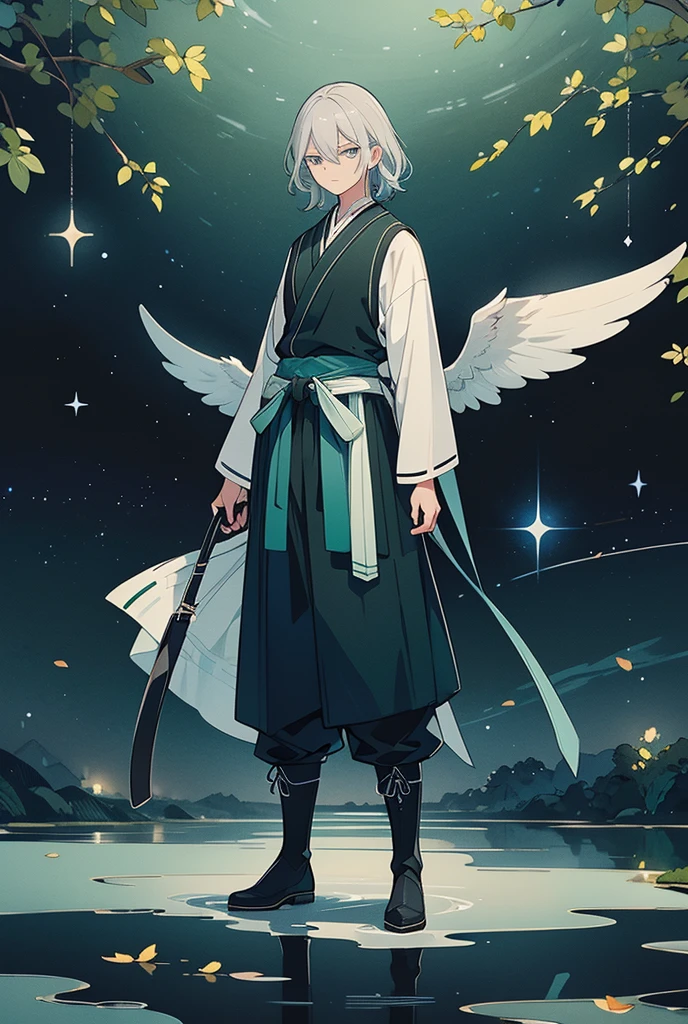 Solo man with black skin, silver hair, short wavy hair. Bright sky blue eyes. Green branches with elongated leaves. Moderni Sweater, Hakama pants, Black boots, belt at the waist with bag. a large pair of wings. Dark blue with green sparkles reminiscent of a starry night sky Mystical atmosphere, delicate brushwork, magical scenery, Peaceful and serene. detailed clothing. nature background.