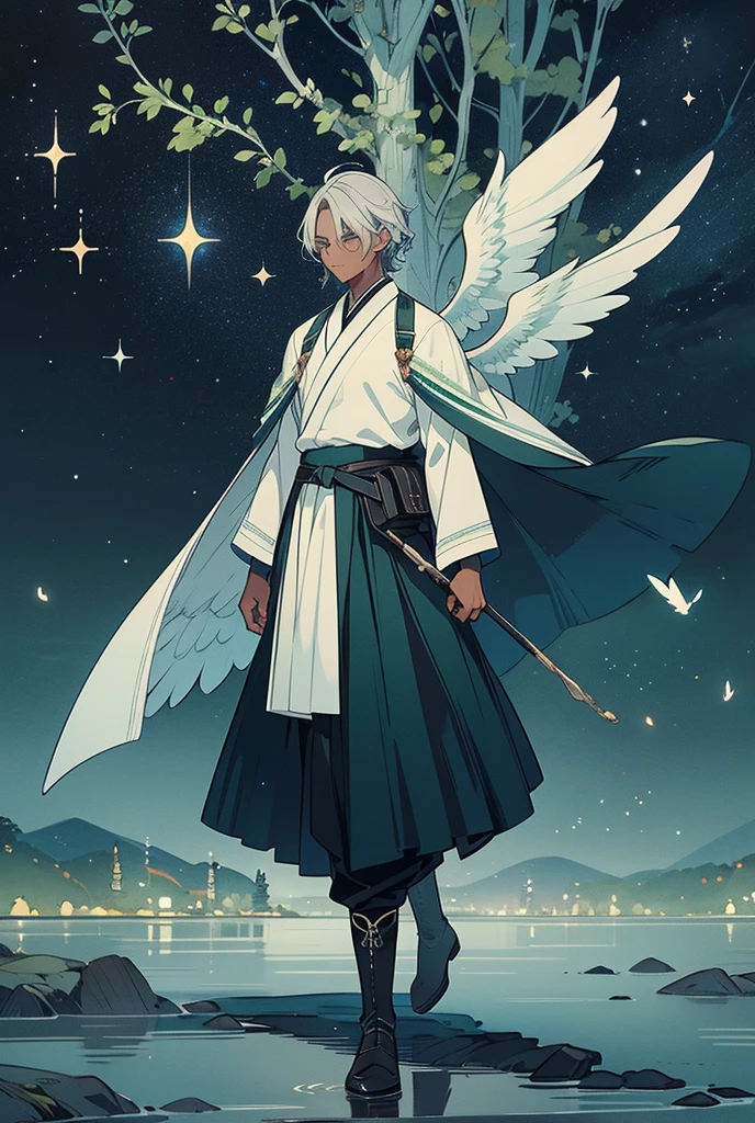 Solo man with black skin, silver hair, short wavy hair. Bright sky blue eyes. Green branches with elongated leaves. Moderni Sweater, Hakama pants, Black boots, belt at the waist with bag. a large pair of wings. Dark blue with green sparkles reminiscent of a starry night sky Mystical atmosphere, delicate brushwork, magical scenery, Peaceful and serene. detailed clothing. nature background.