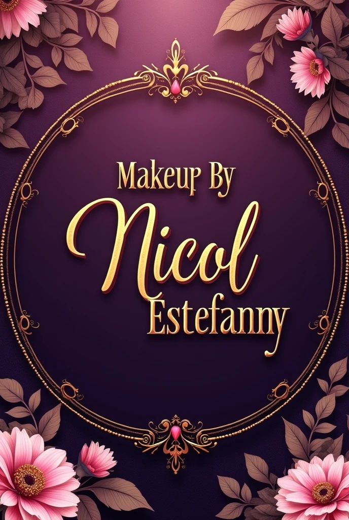 Create a beautiful and elegant circular notice (with purple colors, pink and gold) for a Makeup business that says:
“Makeup by Nicol Estefanny”