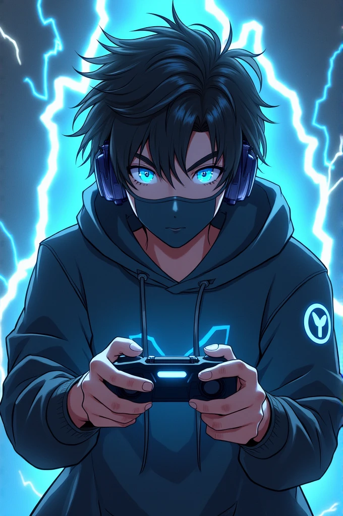 Ak larka ho jo dono hata ma game control lieya ho light effect ho or larka mask laga ho or hairs middle ho or logo ho or small eyes light blue ho or full body background ma bigli ho blue or yellow or kana ma gaming earphone or uska game control pa ho chaiye or aakha ma thro sa bigli gaming control ka nachi 1v Gamer ho chaiye
