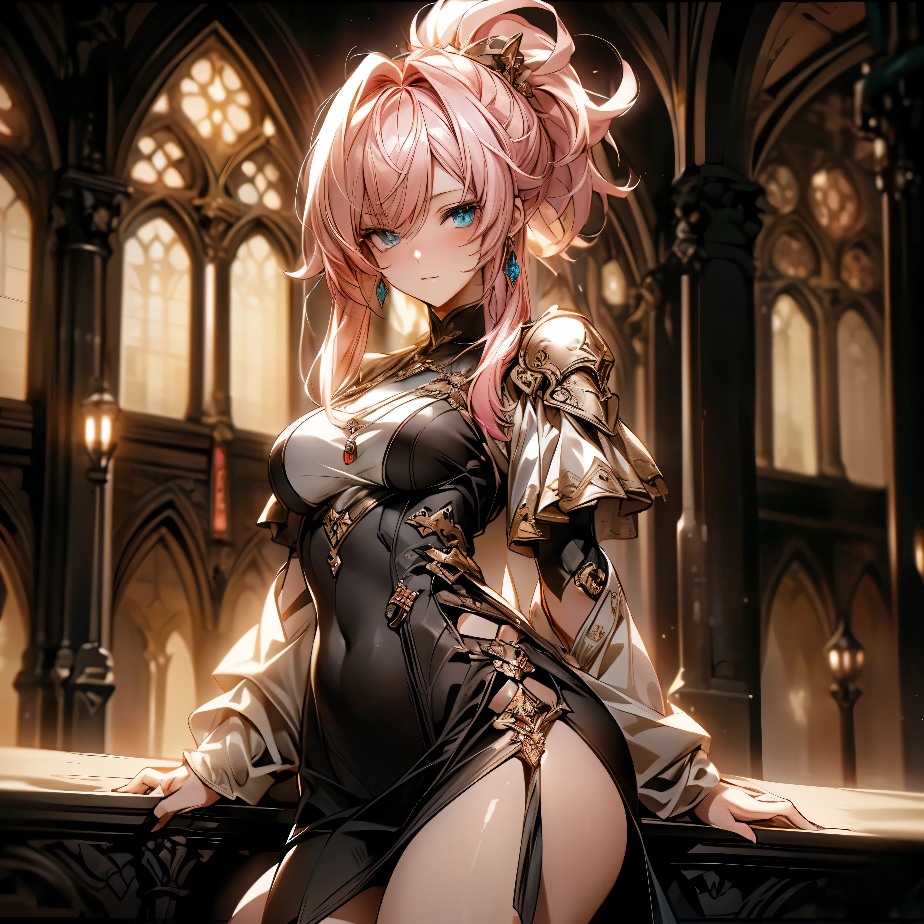 (best quality)), ((Masterpiece)), (details:1.4), 3d, HDR (high dynamic range), an image of a beautiful cyberpunk female, medieval, fantasy, Pink hair, High ponytail, Full body, Beautiful white eyes, จมูกโด่ง, ปากแดง, หน้าอกใหญ่, nvidia RTX, PBR surface, After processing, Anisotropic filtration,depth of field, Maximum clarity and clarity, multi-layered surface, Subsurface scattering, perfect proportions, 8K raw files, ultra detailed, Perfect proportions, volumetric lighting, soft lighting, Holy Paldin, Heavy Silver Armor, Golden dress, glossy skin, Castle background, jewely, ต่างหู, นิ้วมือสมบูรณ์, mini Black skirt,