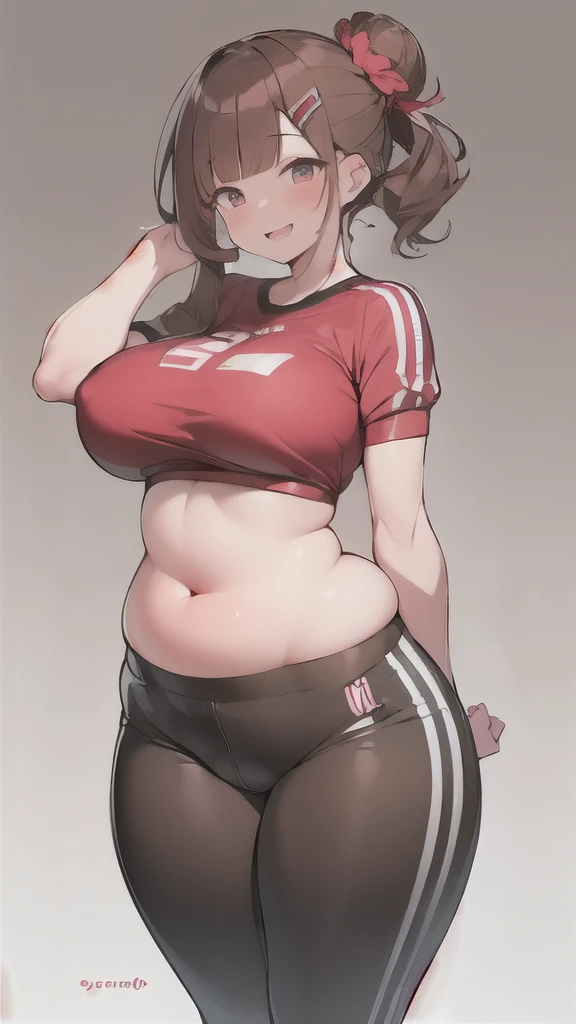 ((Voluptuous figure)),Chubby body type,Big Breasts,Brown Hair,blunt bangs,Top knot,hair accessory,((happiness)),Gym clothes with red bottoms,(Belly button)