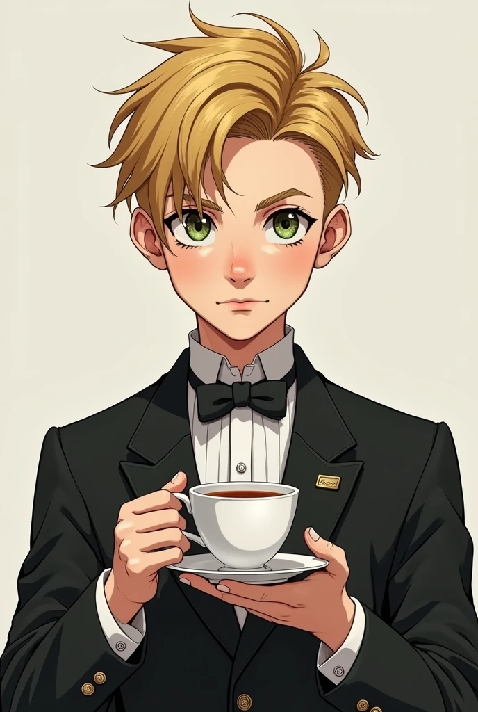 Drawing 1 boy, 163cm tall, blond hair, Nordic, snub nose, wearing a butler's suit holding a cup of tea, bushy and defined eyebrows, green eyes with a little brown. Strong but not define body. Black pupils. Long, upturned nose, thin lips and defined jaw.