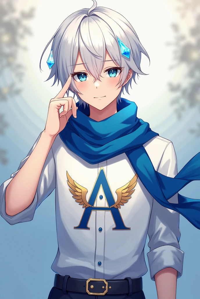 Make a male anime character with short white hair blue eyes male smiling with a blue scarf white shirt with the letter A printed on the shirt with wings on the side of the letter A and a crown on top of the letter A