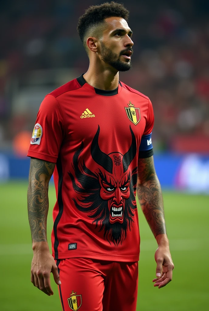 In high quality, a Belgian national team shirt, an exclusive model with a devil printed on it.