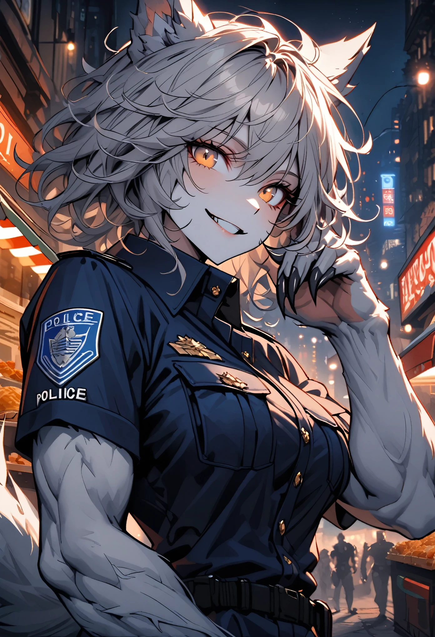 solo, female, wolf girl, close up, grey fur on forearms, furry claws, muscular, wolf ears, short hair, messy hair, grey hair, golden eyes, wolf tail, police uniform, police, large breasts, white fur collar, relaxed, smiling, after work, food stand, city, night, fantasy, ruffling hair, 