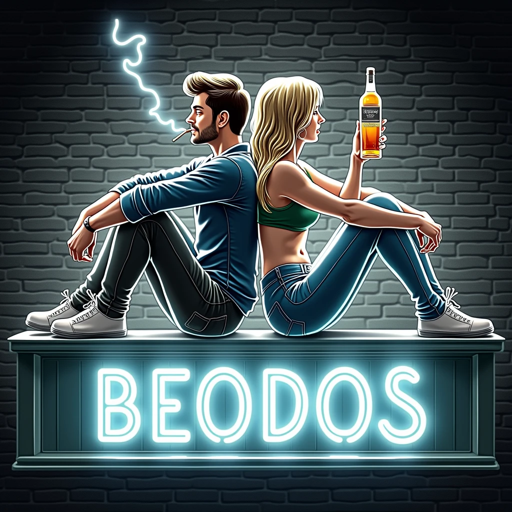 create a neon style nightclub sign with a man sitting on the floor happy smoking a cigarette next to a happy woman sitting on the floor drinking a bottle of whiskey, back to back, texas "BEODOS",