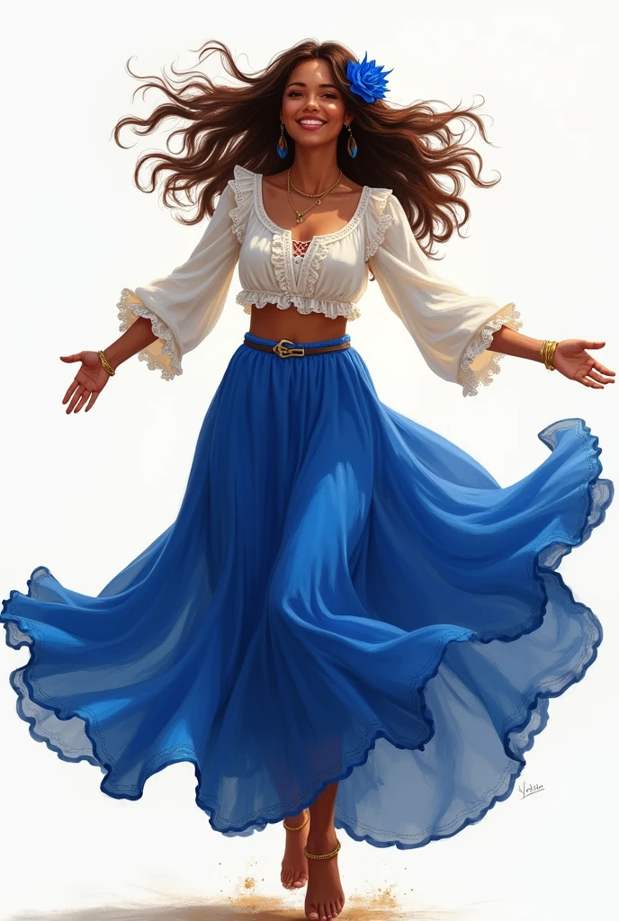 Make a woman brown skin, happy brown hair cheerful with arms open as if spinning, gypsy she wears a long royal blue skirt very round simple and flowing, . She wears a small blue rose on her head the same color as her skirt.., blue and a white ruffled shirt, long-sleeved with sleeves that cover the wrists and wide sleeves she wears bare feet and a golden bracelet on her hand and a golden ring