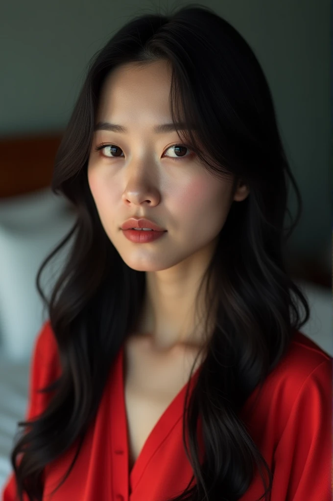 A close-up, realistic portrait of a woman with long straight dark black hair, a neutral expression, and natural makeup, set against a solid bedroom background. The woman is wearing a red top and is gazing towards the left side of the camera. The image captures fine details in her face and hair, with soft lighting emphasizing her features. 