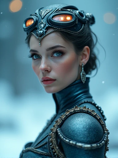 (Masterpiece.Uhd. Photorealistic) (full body) an ultra hot gorgeous woman. Age 23. Epic cleavage (100e breast size) ((she’s a dieselpunk ice queen)), beautiful detailed eyes, beautiful detailed lips, extremely detailed face, long eyelashes, elegant high-collared dress, ornate armor plates, cold blue-white lighting, metallic accents, atmospheric, cinematic, dramatic, volumetric lighting, intricate details, 