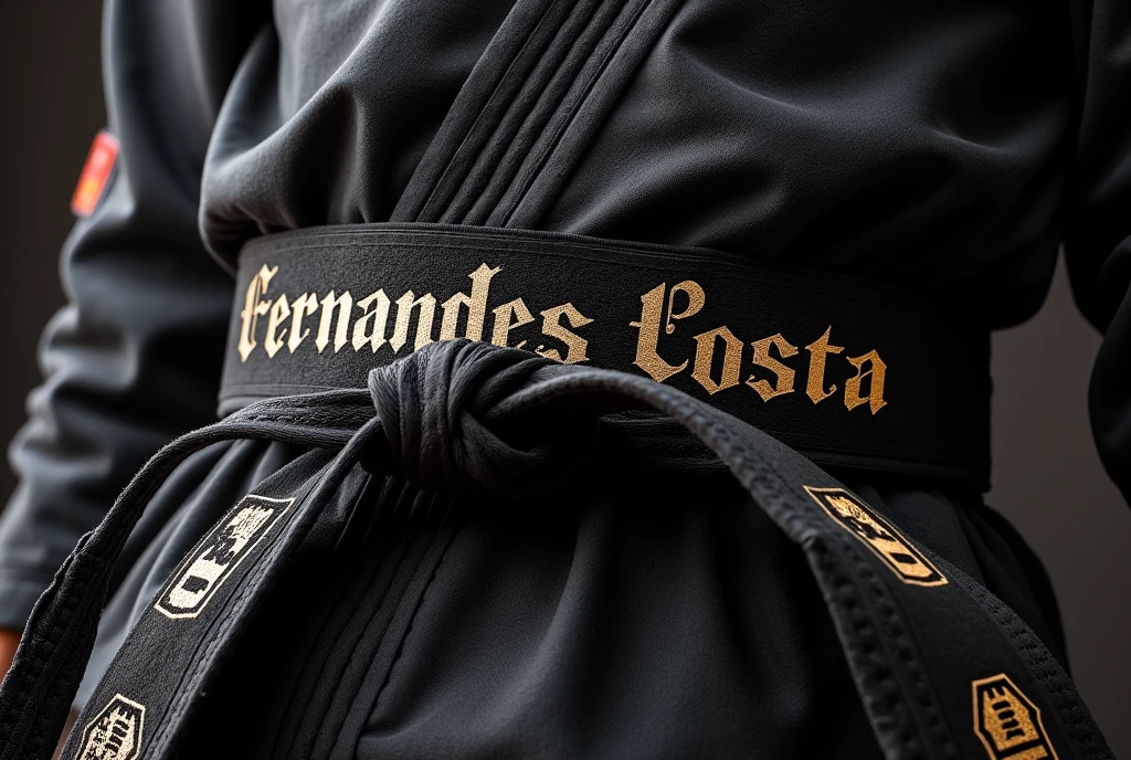 Prompt para Design de range de Karatê

- **objective**: Create a custom karate belt.
- **name**: "Fernandes Costa"
- **Design Features**:
  - **range**: Traditional black color.
  - **texto**: "Fernandes Costa" must be at the end of the strip.
  - **Fonte do texto**: KARATE
  - **Additional Detail**: Include decorative elements that represent the martial art or karateka&#39;s style, like karate symbols or geometric patterns.
  - **styled**: Keep the design balanced and elegant, ensuring that the name is the main highlight.