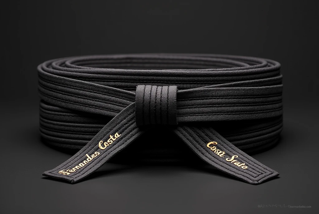 Prompt para Design de range de Karatê

- **objective**: Create a custom karate belt.
- **name**: "Fernandes Costa"
- **Design Features**:
  - **range**: Traditional black color.
  - **texto**: "Fernandes Costa" must be at the end of the strip.
  - **Fonte do texto**: KARATE
  - **Additional Detail**: Include decorative elements that represent the martial art or karateka&#39;s style, like karate symbols or geometric patterns.
  - **styled**: Keep the design balanced and elegant, ensuring that the name is the main highlight.