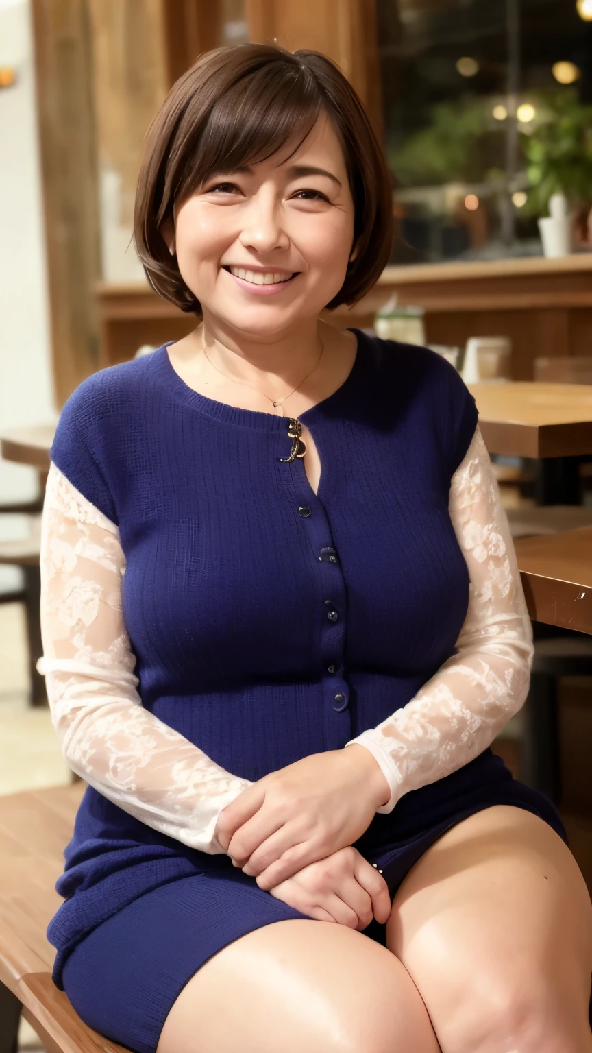 8k wallpaper, masterpiece, Highest quality, Very detailed, One Mature Woman, 50 years old, Become very clear, Wearing a short-sleeved knit, Skin dents, Captivating smile, Looking at the audience, No lapel microphone, Plump, Curvaceous, Attractive face, Smiling with teeth showing, I was happy, sitting in a cafe, Background Blur