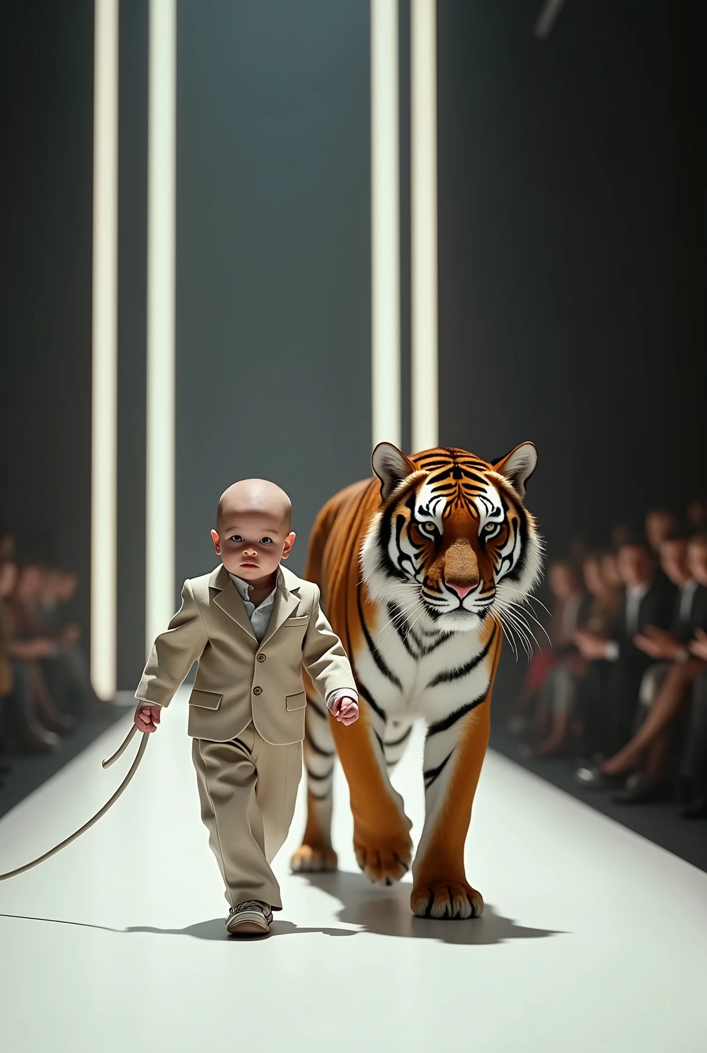 video , Newborn, He wears a suit at a fashion show and leads a real tiger with him, just like in real life.