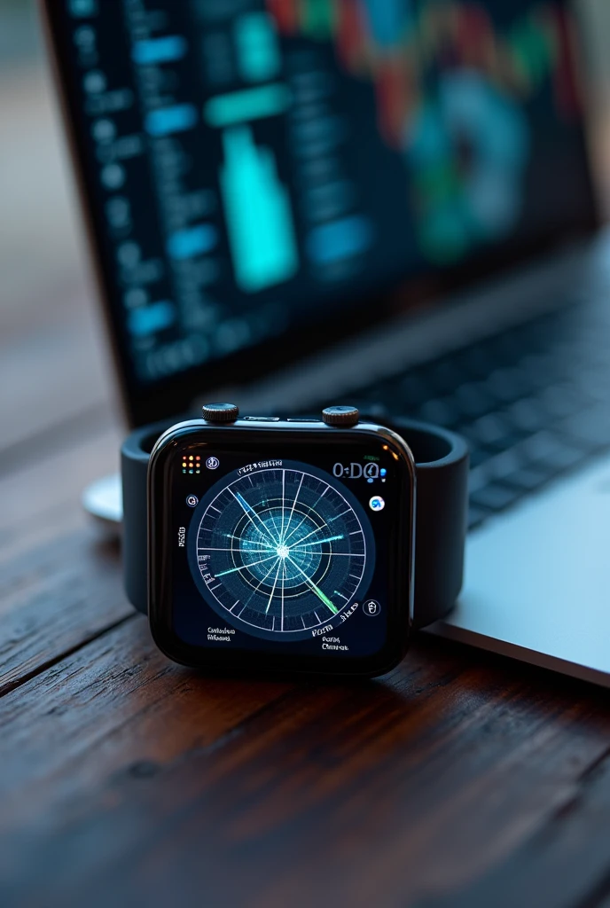 A SMART WATCH THAT SHOWS THAT THE WATCH IS SCANNING THE LAPTOP FROM TOP TO BOTTOM TO FIND FAULTS OR DAMAGE