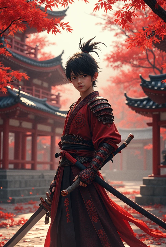 Imagine handsome Samurai boy with demon sword at red tree temple