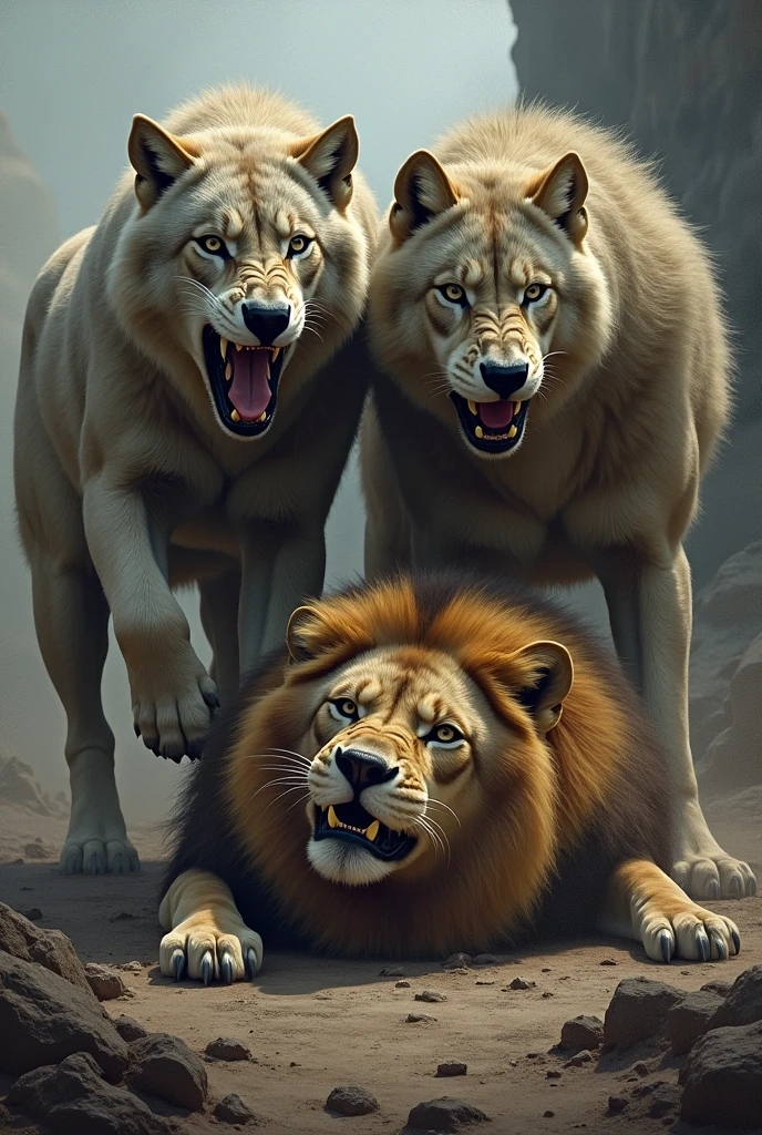 Wolves over a defeated lion