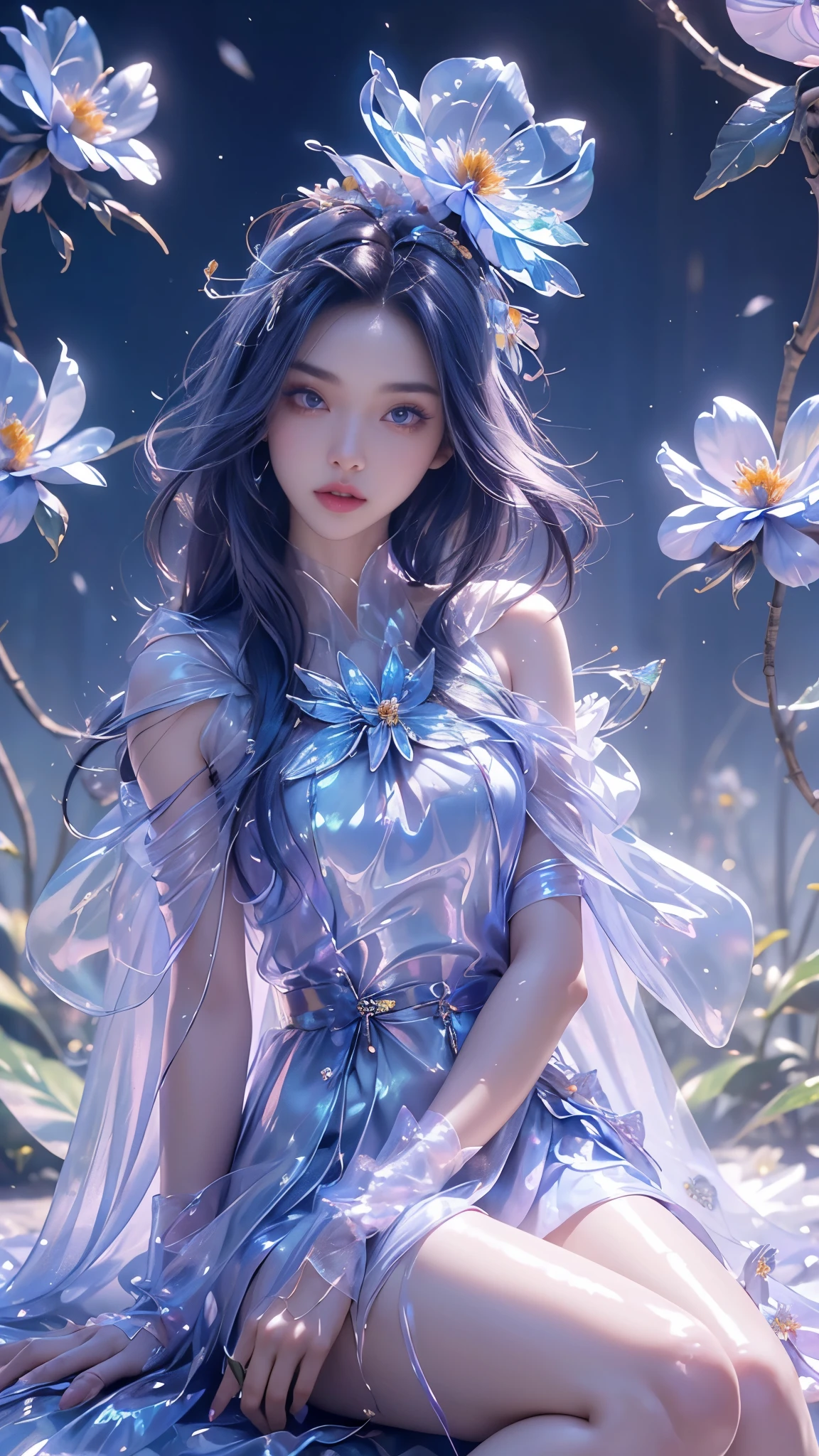 8k, masterpiece, 1 girl, beautiful face, very long hair, light makeup, (glossy skin:1.5), detailed eyes, detailed lips, small bust, short clothing, dragonfly, ((blue dragonfly clothing)), ((flowing cape)), light clothing, (flower falling:1.5), god rays, depth of field, ray tracing, sitting,