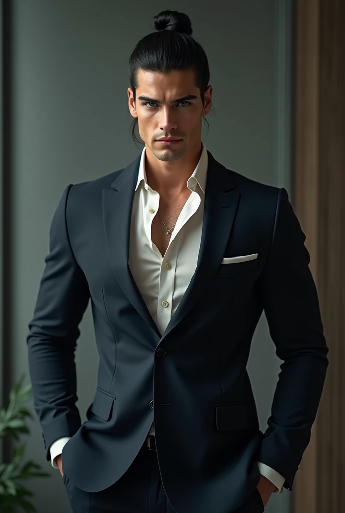 Handsome tall young man with white skin, black hair with bun, blue eyes, muscular body, sensual, sexy businessman 