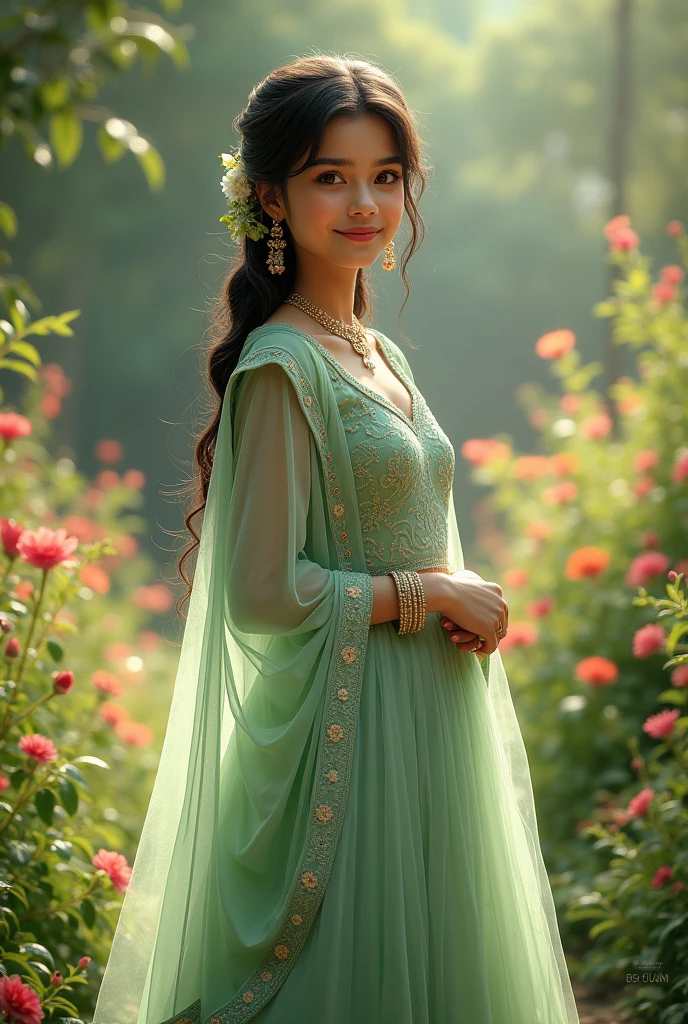 A girl wear light green lahnga